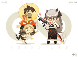 Rule 34 | 2girls, anger vein, arknights, artist name, black footwear, black skirt, blonde hair, blood, bow, brown hair, chibi, commentary request, earclip, english text, full body, glasses, grey hair, grey shirt, hair bow, hand on own face, holding, horns, ifrit (arknights), long hair, long sleeves, multiple girls, norizc, nosebleed, one eye closed, red bow, rhine lab logo, saria (arknights), shirt, silence (arknights), simple background, skirt, sparkle, spoken character, tail, white background, white shirt, yellow pupils
