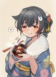 Rule 34 | 1girl, artist name, beige background, black hair, blue kimono, blush, bowl, chopsticks, closed mouth, dated, floral print, fur-trimmed kimono, fur trim, hair between eyes, hair flaps, heart, highres, holding, holding bowl, japanese clothes, jingei (kancolle), kantai collection, kimono, kirisawa juuzou, long hair, long sleeves, obi, one-hour drawing challenge, panties, print panties, red eyes, sash, simple background, smile, solo, spoken heart, tongue, tongue out, underwear, upper body, wide sleeves