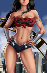 Rule 34 | 1girl, adapted costume, armlet, bandeau, bare shoulders, black hair, blue sky, bracelet, breasts, building, choker, city, cleavage, dc comics, hands on own hips, head out of frame, iury padilha, jewelry, lasso, legs, leotard, long hair, nail polish, navel, parted lips, sky, solo, strapless, superman (series), sword, thigh gap, thighs, torn clothes, tube top, weapon, wonder woman, wonder woman (series)