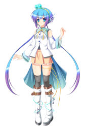 Rule 34 | 1girl, aoki lapis, blue eyes, blue hair, blush, boots, cloak, detached sleeves, full body, hair ornament, headset, long hair, looking at viewer, matching hair/eyes, multicolored hair, purple hair, ribbon, sekine irie, simple background, skirt, smile, solo, standing, thighhighs, twintails, vocaloid, white background