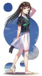 Rule 34 | 1girl, arm up, barefoot, beach, black footwear, blush, brown eyes, brown hair, closed mouth, feet, from side, full body, green neckerchief, hand in own hair, light smile, loafers, long hair, looking at viewer, neckerchief, original, outdoors, pleated skirt, school uniform, serafuku, shoes, unworn shoes, short sleeves, skirt, smile, solo, swept bangs, totsuki kakeru, white background, white skirt
