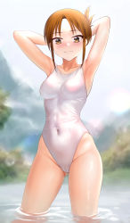 Rule 34 | 1girl, absurdres, armpits, arms behind head, ashihana renge, besmiled, brown eyes, brown hair, cameltoe, closed mouth, commission, competition swimsuit, covered navel, highleg, highres, karakuri circus, looking at viewer, one-piece swimsuit, partially submerged, pixiv commission, short hair, solo, standing, swimsuit, thighs, white one-piece swimsuit