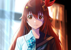 Rule 34 | 1girl, alternate costume, brown eyes, brown hair, closed mouth, commentary, diamond hair ornament, empty eyes, evil smile, hair flaps, hair ornament, hair ribbon, hairclip, highres, hololive, hololive error, long hair, looking at viewer, polar opposites, red ribbon, ribbon, school uniform, smile, solo, star (symbol), star hair ornament, symmetry, tokino sora, upper body, virtual youtuber, yandere, zabudog777
