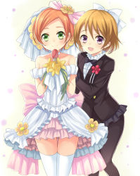 Rule 34 | 10s, 2girls, :d, bad id, bad pixiv id, boutonniere, bow, bowtie, brown hair, dress, earrings, flower, frilled dress, frills, green eyes, hair bow, harimoji, hoshizora rin, jacket, jewelry, koizumi hanayo, looking at viewer, love live!, love live! school idol project, love wing bell, microphone, multiple girls, open mouth, orange hair, pantyhose, purple eyes, smile, suit jacket, thighhighs, wedding dress