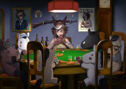 Rule 34 | 1girl, animal ears, bare shoulders, bolt action, brown eyes, brown gloves, brown hair, card, carrot, chair, clock, dogs playing poker, fine art parody, gambling, gloves, gun, highres, holding, holding card, horse ears, horse girl, indie virtual youtuber, military, mosin-nagant, multicolored hair, parody, playing card, portrait (object), puto trash, rifle, short hair, smile, streaked hair, stuffed animal, stuffed horse, stuffed toy, tomoe umari, virtual youtuber, weapon