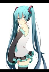 Rule 34 | 1girl, aqua eyes, aqua hair, detached sleeves, harusawa, hatsune miku, headset, letterboxed, long hair, necktie, skirt, smile, solo, thighhighs, twintails, very long hair, vocaloid, white background