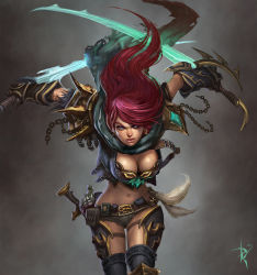 Rule 34 | 1girl, armor, belt, blue eyes, breasts, chain, cleavage, dagger, downblouse, dual wielding, gauntlets, highres, holding, knife, navel, pauldrons, pouch, red hair, reverse grip, rogue (warcraft), shorts, shoulder armor, signature, solo, spaulder, warcraft, weapon, zeronis