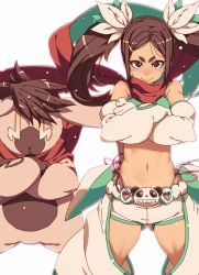 Rule 34 | 1girl, bad id, bad twitter id, bare shoulders, bow, brown eyes, brown hair, closed mouth, creature, crossed arms, elbow gloves, gloves, green scarf, hair bow, hair ornament, hairclip, long hair, looking at viewer, navel, open pants, original, pants, red scarf, scarf, shorts, simple background, smile, smug, solo, tasaka shinnosuke, twintails, white background, white bow, white gloves, white shorts