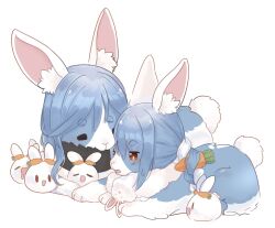 Rule 34 | 2girls, animal ear fluff, animal ears, black scarf, blue fur, blue hair, braid, carrot, carrot hair ornament, closed eyes, don-chan (usada pekora), feko, food-themed hair ornament, fur scarf, hair ornament, hololive, hololive fantasy, mother and daughter, multiple girls, pekomama, pekomon (usada pekora), rabbit, rabbit-shaped pupils, rabbit ears, rabbit girl, rabbit tail, scarf, short eyebrows, symbol-shaped pupils, tail, twin braids, usada pekora, virtual youtuber, white background