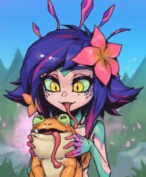 Rule 34 | 1girl, animal, blue hair, collarbone, colored skin, day, flipped hair, flower, frog, green skin, hair flower, hair ornament, hands up, holding, holding animal, league of legends, long tongue, multicolored hair, neeko (league of legends), open mouth, outdoors, phantom ix row, pink flower, pink hair, solo, streaked hair, teeth, tongue, tongue out, tree, yellow eyes
