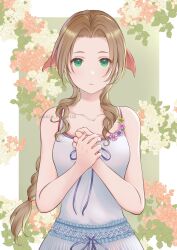 Rule 34 | 1girl, aerith gainsborough, bare arms, bare shoulders, braid, braided ponytail, brown hair, closed mouth, collarbone, commentary, crisis core final fantasy vii, dress, final fantasy, final fantasy vii, floral background, green eyes, hair ribbon, highres, light blush, long hair, looking at viewer, nalu, own hands together, parted lips, pink nails, pink ribbon, ribbon, sidelocks, sleeveless, sleeveless dress, solo, spaghetti strap, twitter username, upper body