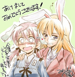 Rule 34 | 10s, 2011, 2girls, animal ears, biting, blue eyes, blush, brown hair, charlotte e. yeager, dated, ear biting, gertrud barkhorn, heart, military, military uniform, multiple girls, naughty face, new year, orange hair, rabbit ears, rabbit girl, sanpachishiki (gyokusai-jima), signature, strike witches, translation request, twintails, uniform, world witches series