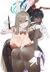 Rule 34 | 2girls, alternate color, animal ears, ass, asuna (blue archive), asuna (bunny) (blue archive), back, bare shoulders, black hair, black pantyhose, blue archive, blue eyes, blush, bow, bowtie, breasts, calligraphy brush, cleavage, dark-skinned female, dark skin, detached collar, fake animal ears, gloves, grin, gyaru v, hair ornament, halo, highres, holding, holding brush, karin (blue archive), karin (bunny) (blue archive), kitou sakeru, large breasts, leotard, light brown hair, long hair, multiple girls, paintbrush, pantyhose, playboy bunny, ponytail, rabbit ears, sideboob, simple background, smile, thighband pantyhose, v, very dark skin, white background, white gloves, wrist cuffs, yellow eyes