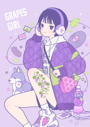 Rule 34 | 1girl, :3, absurdres, bag, bag charm, blush, bottle, cable, candy, cassette tape, charm (object), clothes writing, cup, disposable cup, english text, fanta, food, food-themed clothes, fruit, grape print, grapes, hand on headphones, headphones, highres, holding strap, hood, hoodie, husky, jacket, jewelry, knee up, layered clothes, leg tattoo, long sleeves, looking at viewer, mentos, musical note, nail polish, original, personification, purple eyes, purple hair, purple theme, record, ring, shoes, short hair, shoulder bag, sitting, sneakers, socks, soda, soda bottle, solo, stuffed animal, stuffed dog, stuffed toy, tattoo, translation request, wrapper, yoshimon, zipper pull tab