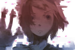 Rule 34 | 1girl, androgynous, brown hair, distortion, expressionless, inaba taiju, looking at viewer, original, petals, portrait, short hair, solo, wind