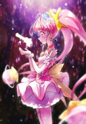 Rule 34 | 1girl, blunt bangs, blush, choker, cure star, dress, floating hair, from side, highres, hoshina hikaru, kyoutsuugengo, layered dress, long hair, open mouth, pink choker, pink hair, precure, profile, scrunchie, short dress, sleeveless, sleeveless dress, solo, standing, star twinkle precure, twintails, very long hair, white scrunchie, wrist scrunchie