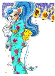 Rule 34 | 1girl, alternate costume, alternate hairstyle, animal ears, animal hands, bag, big hair, blue hair, blue kimono, capcom, cat ears, cat tail, felicia (vampire), fish, floral print, goldfish, green eyes, hand fan, japanese clothes, kimono, lantern, paper fan, ponytail, ribbon, solo, tail, tail ornament, tail ribbon, uchiwa, vampire (game), yukata