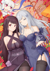 Rule 34 | 2girls, absurdres, ak-12 (girls&#039; frontline), alternate costume, alternate hairstyle, bare shoulders, black legwear, blue dress, blush, bow, braid, breasts, cleavage, closed mouth, collarbone, djmax, djmax respect, dress, elbow gloves, fairy (girls&#039; frontline), flower, french braid, frown, garter straps, girls&#039; frontline, gloves, hair bow, half-closed eye, hd-hlh-3h, head tilt, highres, large breasts, long hair, looking at viewer, looking away, medium breasts, multiple girls, no bra, one eye closed, pantyhose, petals, purple dress, purple eyes, purple hair, red eyes, sidelocks, silver hair, smile, strapless, strapless dress, thighhighs, very long hair, wa2000 (girls&#039; frontline)