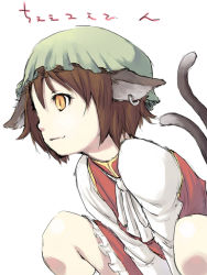 Rule 34 | 1girl, animal ears, bad id, bad pixiv id, brown hair, cat ears, cat girl, cat tail, chen, earrings, f-cla, fang, female focus, jewelry, multiple tails, simple background, sketch, slit pupils, solo, tail, touhou, twintails, yellow eyes