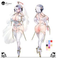 Rule 34 | 1girl, absurdres, alicia renato (yashiro sousaku), ass, bare shoulders, blush, borrowed character, bow, breast curtains, breasts, bridal veil, chain, color guide, commentary request, commission, crotch zipper, cuffs, curvy, full body, garter belt, garter straps, hair bow, hair ornament, halo, hands on own chest, heterochromia, highres, huge ass, large breasts, legs, leotard, lock, looking at viewer, mimoza (96mimo414), multiple views, original, padlock, padlocked collar, plantar flexion, puffy sleeves, red eyes, revealing clothes, second-party source, shiny clothes, shiny skin, short hair, silver hair, smile, thick thighs, thighhighs, thighs, thong, turnaround, veil, white garter belt, white thighhighs, wide hips, yellow eyes, zipper