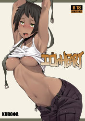 Rule 34 | 1girl, ahegao, areola slip, armpits, arms up, bad id, bad pixiv id, black hair, blush, breasts, clothes lift, cover, cover page, dark-skinned female, dark skin, florence (unlight), kurowa, large breasts, navel, open mouth, saliva, shirt lift, short hair, solo, tank top, underboob, unlight, yellow eyes