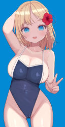 Rule 34 | 1girl, :d, arm behind head, bare arms, bare shoulders, blonde hair, blue background, blue eyes, blue one-piece swimsuit, blush, breasts, cameltoe, competition school swimsuit, covered navel, cowboy shot, flower, gluteal fold, hair flower, hair ornament, highleg, highleg swimsuit, highres, hololive, hololive english, large breasts, looking at viewer, medium hair, one-piece swimsuit, open mouth, rose neru, school swimsuit, simple background, smile, solo, swimsuit, teeth, thigh gap, undersized clothes, upper teeth only, virtual youtuber, w, watson amelia