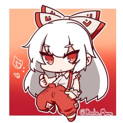 Rule 34 | 1girl, border, bow, chibi, closed mouth, concha (mamecha), fire, fujiwara no mokou, full body, gradient background, hair bow, hand in pocket, highres, long hair, looking at viewer, multicolored bow, ofuda, ofuda on clothes, outline, pants, red background, red eyes, red footwear, red pants, solo, suspenders, torn clothes, torn sleeves, touhou, twitter username, white border, white hair, white outline
