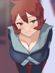 Rule 34 | 1girl, ahoge, alternate breast size, arezu (pokemon), blurry, blurry background, blush, breasts, brown eyes, brown hair, cleavage, collarbone, commentary request, creatures (company), diamond clan outfit, game freak, highres, large breasts, leaning forward, long sleeves, looking at viewer, nintendo, pantyhose, pokemon, pokemon legends: arceus, short hair, simple background, smile, yamamori kinako
