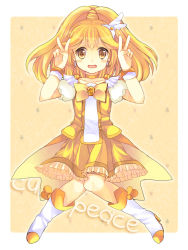 Rule 34 | 10s, 1girl, blonde hair, blush, boots, bow, character name, choker, cure peace, double v, dress, earrings, hair flaps, hair ornament, hairpin, hatano h, jewelry, kise yayoi, looking at viewer, magical girl, ponytail, precure, ribbon choker, skirt, smile precure!, solo, v, wide ponytail, yellow bow, yellow dress, yellow eyes, yellow skirt, yellow theme