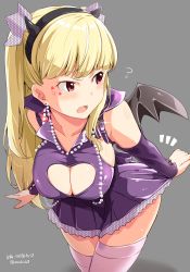 Rule 34 | 1girl, bat wings, blonde hair, blunt bangs, blush, breasts, buckle, cleavage, cleavage cutout, clothes pull, clothing cutout, collarbone, detached sleeves, earrings, fake horns, grey background, hairband, horns, jewelry, kichihachi, large breasts, leaning forward, long hair, looking back, low wings, open mouth, purple thighhighs, red eyes, signature, simple background, skirt, skirt pull, solo, star (symbol), star earrings, strap, tattoo, thighhighs, tokyo 7th sisters, twitter username, two side up, uesugi u. kyouko, wings