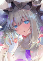 Rule 34 | 1girl, bad id, bad twitter id, bare shoulders, black gloves, blue eyes, blush, breasts, dress, fate/grand order, fate (series), flower, frilled hat, frills, gloves, hat, jewelry, large hat, long hair, looking at viewer, marie antoinette (fate), marie antoinette (third ascension) (fate), parted lips, petals, ring, silver hair, small breasts, smile, twintails, very long hair, vivi (eve no hakoniwa), white dress, white headwear