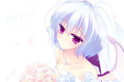 Rule 34 | 1girl, bad id, bad pixiv id, bat wings, blue hair, bouquet, dress, flower, jewelry, looking at viewer, motomiya mitsuki, necklace, petals, purple eyes, remilia scarlet, short hair, smile, solo, strapless, strapless dress, touhou, upper body, veil, wedding dress, white dress, wings
