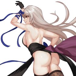 Rule 34 | 1girl, ass, backless outfit, bad id, bad pixiv id, bare shoulders, black gloves, black panties, breasts, counter:side, from behind, gloves, hand on own hip, highres, hilde (counter:side), long hair, official alternate costume, omgwtfyawp, panties, sideboob, solo, thighhighs, thong, underwear, white background, yellow eyes