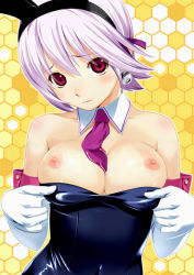 Rule 34 | 1girl, animal ears, breasts, clothes pull, elbow gloves, fake animal ears, gloves, koutaro, large breasts, necktie, nipples, playboy bunny, purple hair, rabbit ears, red eyes, shirt pull, solo