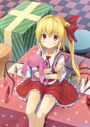 Rule 34 | 1girl, blonde hair, blush, bow, checkered floor, fang, flandre scarlet, floor, gurasion (gurasion), hair bow, looking at viewer, no headwear, no headwear, red eyes, side ponytail, sitting, skirt, skirt set, smile, solo, stuffed animal, stuffed rabbit, stuffed toy, touhou, wings, wrist cuffs