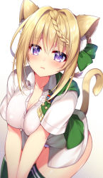 Rule 34 | 1girl, animal ear fluff, animal ears, blonde hair, blush, braid, braided bangs, breasts, cat ears, cat girl, cat tail, cleavage, cloak, commentary request, fang, green cloak, hair ribbon, highres, kantai collection, medium breasts, panties, perth (kancolle), purple eyes, purple panties, ribbon, ringo sui, shirt, short sleeves, simple background, solo, tail, thighhighs, underwear, white background, white shirt