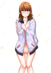 Rule 34 | 1girl, 2020, 20s, after battle, bare legs, blush, brown eyes, brown hair, collarbone, completely nude, female focus, fukuguri yuuto, gluteal fold, happy, happy tears, jacket, looking at viewer, matching hair/eyes, misaka mikoto, naked jacket, navel, nude, open clothes, open jacket, pussy, short hair, smile, solo, standing, star (symbol), tears, toaru kagaku no railgun, toaru majutsu no index, torn clothes, white background