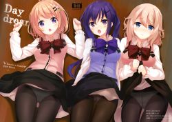 Rule 34 | 3girls, absurdres, aoyama blue mountain, black legwear, blonde hair, blouse, blue eyes, blush, bow, bowtie, clothes lift, collared shirt, content rating, copyright name, cover, cover page, cowboy shot, from above, gochuumon wa usagi desu ka?, highres, hoto cocoa, huge filesize, indoors, komone ushio, lifted by self, long hair, long sleeves, looking at viewer, multiple girls, open mouth, orange hair, page number, panties, panties under pantyhose, pantyhose, purple bow, purple bowtie, purple eyes, purple hair, rabbit house uniform, red bow, red bowtie, shirt, skirt, skirt lift, tedeza rize, twintails, underwear, v-shaped eyebrows, vest, wavy mouth, white shirt, wooden floor