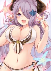 Rule 34 | 10s, 1girl, bikini, blush, braid, breasts, chiune (yachi), cleavage, draph, earrings, frilled bikini, frills, granblue fantasy, hair bun, hair ornament, hair over one eye, hair up, hand on own chest, highres, horns, jewelry, large breasts, light purple hair, long hair, looking at viewer, medium breasts, narmaya (granblue fantasy), narmaya (summer) (granblue fantasy), navel, open mouth, pointing, pointing up, pointy ears, purple eyes, single hair bun, smile, solo, star (symbol), star earrings, swimsuit, upper body, very long hair, white bikini