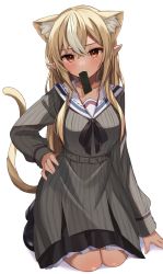 Rule 34 | 1girl, animal ear fluff, animal ears, black footwear, blonde hair, blush, bow, brown bow, cat ears, cat girl, cat tail, commentary request, dark-skinned female, dark skin, dress, extra ears, full body, grey dress, hair between eyes, hand on own hip, highres, hololive, kneeling, long sleeves, looking at viewer, moonbell, mouth hold, multicolored hair, pointy ears, red eyes, sailor collar, shiranui flare, shiranui flare (street), shoes, simple background, solo, streaked hair, tail, tail raised, virtual youtuber, white background, white hair, white sailor collar