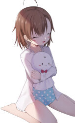 Rule 34 | 1girl, :d, ^ ^, ahoge, barefoot, blue dress, blush stickers, bow, bowtie, brown hair, child, closed eyes, collarbone, collared shirt, dress, hair between eyes, hugging object, last order (toaru majutsu no index), open clothes, open mouth, open shirt, polka dot, polka dot dress, red bow, red bowtie, shirt, simple background, sitting, smile, solo, toaru majutsu no index, usagimiko, wariza, white background, white shirt