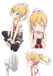 Rule 34 | 1girl, alternate hairstyle, amaryllis gumi, black shorts, black thighhighs, blonde hair, blush, camisole, closed eyes, closed mouth, commentary request, cup, disposable cup, drinking, drinking straw, electric fan, eyebrows hidden by hair, fanning face, green shorts, high ponytail, highres, holding, holding cup, kotohara hinari, multiple views, no shoes, ponytail, profile, puffy shorts, short shorts, shorts, shorts under shorts, sitting, sweat, tama (tama-s), thighhighs, virtual youtuber, white background, white camisole