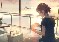 Rule 34 | 1girl, absurdres, aircraft, airplane, blue shirt, brown hair, closed mouth, cloud, commentary request, feet out of frame, grey eyes, hair bun, highres, holding, indoors, macaronk, original, pants, profile, shirt, short sleeves, sitting, sky, smile, suitcase, sunset, white pants, window