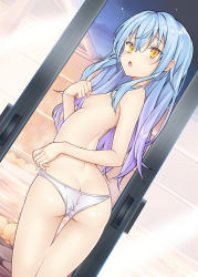 Rule 34 | 1girl, ai cao, ass, blue hair, blush, breasts, commentary request, crotch seam, dutch angle, from behind, gender request, genderswap, genderswap (otf), gradient hair, hair between eyes, highres, long hair, looking at viewer, looking back, multicolored hair, night, nipples, onsen, open door, open mouth, panties, purple hair, rimuru tempest, sliding doors, small breasts, solo, tensei shitara slime datta ken, thigh gap, topless, twisted torso, underwear, underwear only, very long hair, water, white panties, yellow eyes
