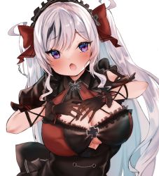 Rule 34 | 1girl, azur lane, black dress, black gloves, breasts, cleavage, clothing cutout, dress, elbe (azur lane), elbe (time to show off?) (azur lane), fang, frilled dress, frills, gloves, highres, ichigo moka, large breasts, long hair, looking at viewer, official alternate costume, puffy short sleeves, puffy sleeves, purple eyes, short sleeves, simple background, skin fang, solo, underboob cutout, very long hair, white background, white hair