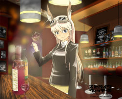 Rule 34 | 1girl, alcohol, animal ears, bad id, bad pixiv id, bar (place), bar stool, blonde hair, blue eyes, bottle, cameo, character name, copyright name, cup, drawing (object), drinking glass, gertrud barkhorn, goggles, goggles on head, hanna-justina marseille, head wings, heidimarie w. schnaufer, indoors, jacket, joyz2008, leather, leather jacket, liquor, long hair, looking at viewer, military, military uniform, reflection, solo, stool, strike witches, table, toasting (gesture), tsurime, uniform, wine, wine bottle, wine glass, wings, world witches series