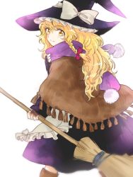 Rule 34 | 1girl, adapted costume, apron, black dress, blonde hair, bow, braid, broom, dress, hat, hat bow, kirisame marisa, long hair, long sleeves, looking at viewer, poncho, rosette (roze-ko), scarf, single braid, solo, touhou, witch hat, yellow eyes
