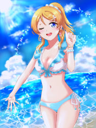 Rule 34 | 1girl, ;), artist name, artist request, ayase eli, bare legs, bare shoulders, beach, bikini, blonde hair, blue eyes, blue sky, blush, bracelet, breasts, cleavage, clenched hand, cloud, collarbone, day, earrings, female focus, floating hair, frilled bikini, frills, front-tie bikini top, front-tie top, hair between eyes, hair ornament, hair scrunchie, hairclip, high ponytail, jewelry, long hair, looking at viewer, love live!, love live! school idol project, medium breasts, ocean, one eye closed, outdoors, parted lips, ponytail, scrunchie, short hair, side-tie bikini bottom, sky, smile, solo, star (symbol), star earrings, swimsuit, teeth, white bikini, white scrunchie, wink, wrist scrunchie