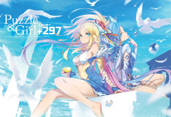Rule 34 | 2girls, apple, artist name, bird, blonde hair, blue eyes, blue hair, blurry, breasts, cleavage, copyright request, depth of field, finger to mouth, food, fruit, golden apple, hair ornament, hong (white spider), idunn &amp; idunna, long hair, looking at viewer, looking back, multiple girls, pigeon, puzzle &amp; dragons, sitting, sky, smile, water drop, wind