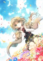 Rule 34 | androgynous, bad id, bad pixiv id, belt, black socks, blonde hair, blue sky, boots, buckle, cloak, cloud, crying, dutch angle, field, flower, flower field, gender request, green eyes, hair ornament, hairclip, long hair, long sleeves, neck ribbon, original, outdoors, parted lips, petals, plant, ribbon, shorts, sitting, sky, socks, solo, tears, vines, wind, yuihira asu
